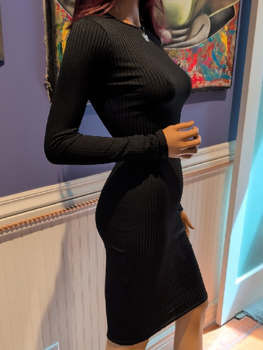 Missguided Black Ribbed Long Sleeve Bodycon Midi Dress - Picture 2 of 6